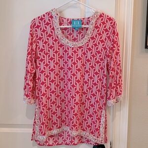 escapada Beaded Tunic Top Pink White Size Small